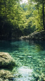 Sunlit forest pool reveals crystalline water and submerged stones