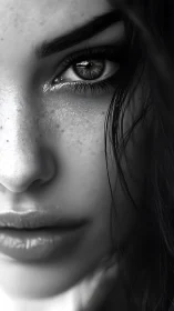 Monochrome close-up portrait with macro facial detailing.