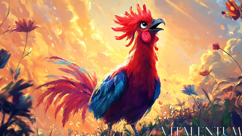 Vibrant rooster at sunrise in luminous floral meadow scene.