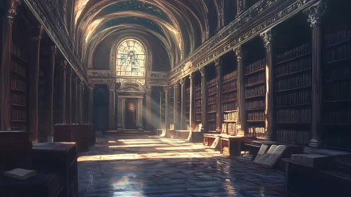Sunlit vaulted library interior reveals neoclassical symmetry