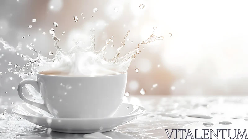 Milk splash captures dynamic motion in white porcelain cup.