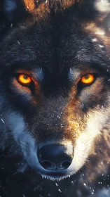Wolf close-up with glowing amber eyes in snowstorm.