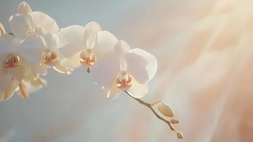 White Phalaenopsis Orchids with Coral Centers Against Soft Bokeh