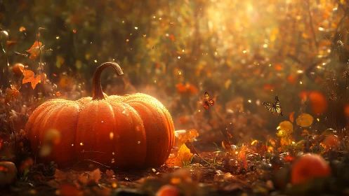 Sunlit autumn pumpkin glows warmly amid drifting butterflies