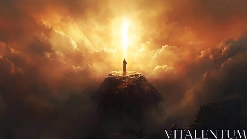 Lone robed figure meets vertical dawn light over clouds.