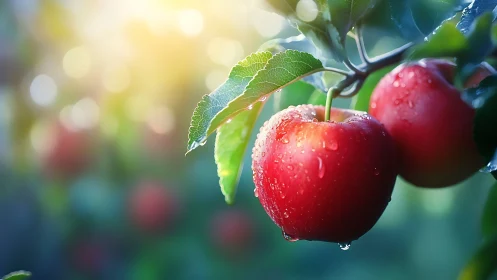Red apples with water droplets on branch in soft daylight.