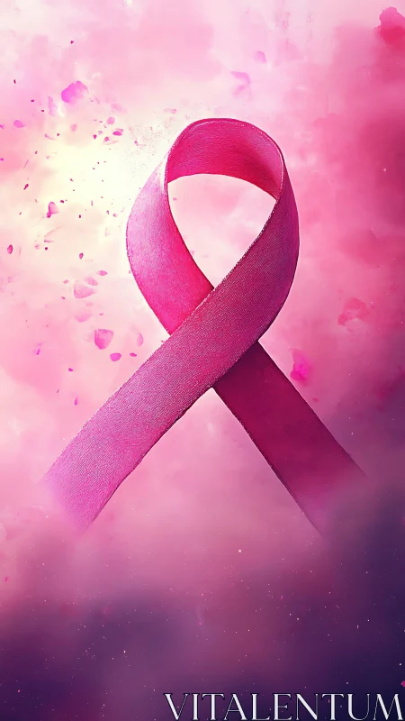 Gentle pink ribbon rising through hopeful cloudy light.