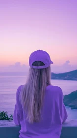 Soft lavender sunset view with a quiet seaside daydreamer.