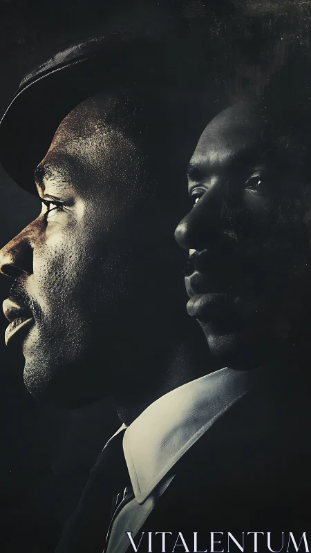 Side-lit double portrait isolates overlapping male profiles