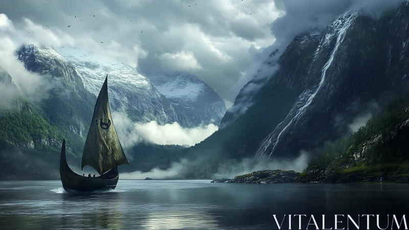 Viking longship under overcast light in misted Nordic fjord