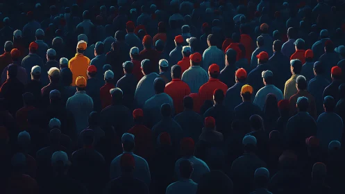 Solitary figure in yellow rises from a shadowed urban crowd