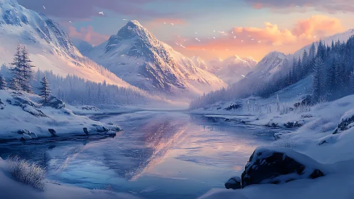 Snowy alpine river reflects pastel sunrise over peaks.