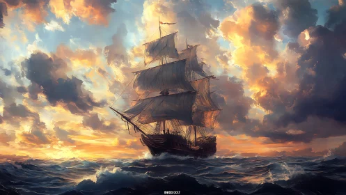Majestic tall ship carves through storm-lit sunset seas