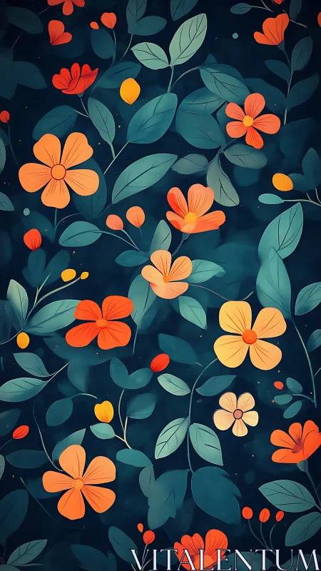 Orange Flowers with Teal Foliage on Dark Navy Background
