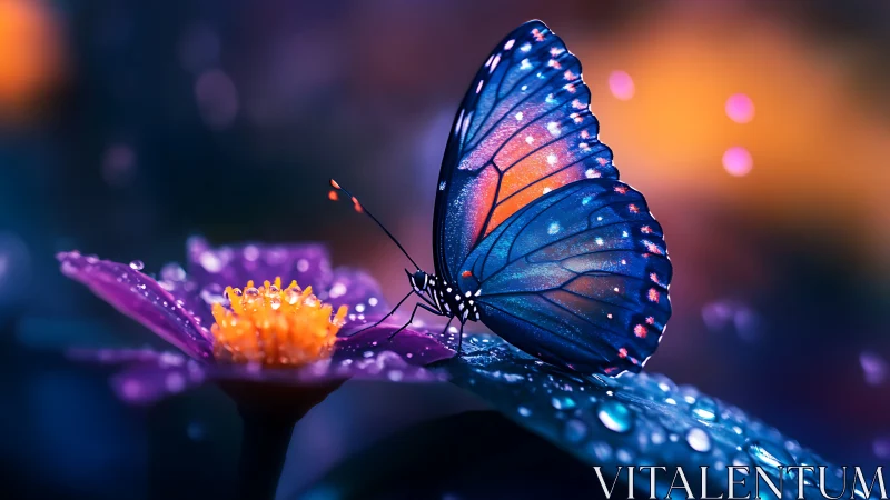 Iridescent blue butterfly on dew covered flower in bokeh light