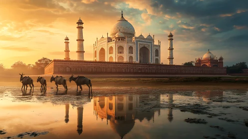 Taj Mahal at sunrise with grazing animals and reflection.