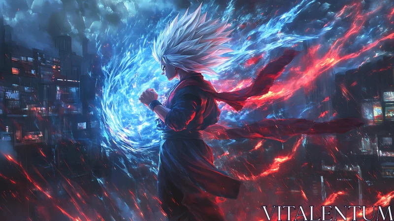 Storm-haired warrior folds neon fire and frost into silence