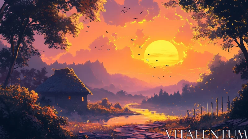 Sunset river landscape with cottage and distant mountains.