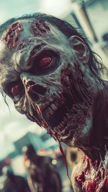 Close-up of decayed zombie head with exposed bone detail.