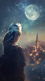 Snowy owl on rocky outcrop above illuminated town at night.