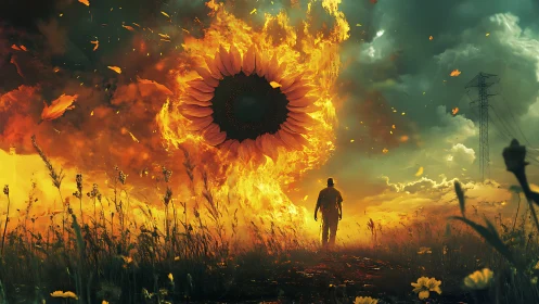 Colossal burning sunflower portal in storm-lit meadowscape.