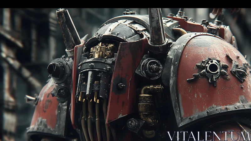 Battle-worn red mech waiting quietly between city ruins.