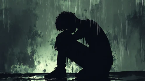 Silhouetted person crouches alone in heavy stylized rain