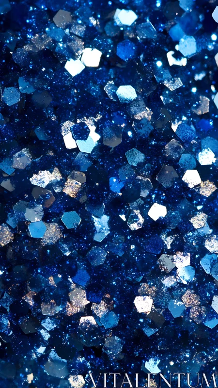 Cobalt blue glitter macro with hexagonal reflective particles.