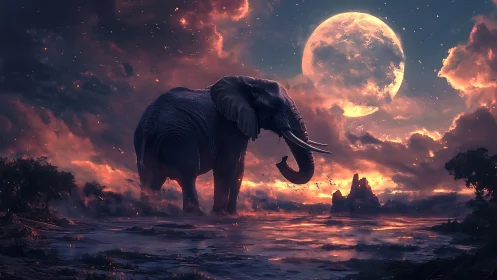 Gentle moonlit elephant wandering through a glowing dream.