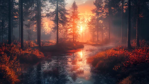 Forest Stream at Golden Sunrise with Mist.