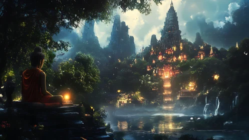 Meditating monk observes illuminated jungle temple complex at dusk