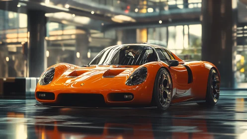 Orange mid-engine sports coupe in modern interior setting.