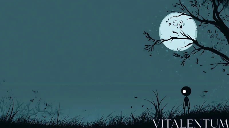 Silhouette figure stands under full moon beside windy tree