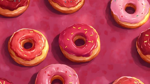 Rendered doughnuts with glazed frosting on hot magenta background demonstrating volumetric lighting.