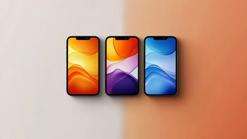 Three Smartphones With Fluid Gradient Wallpapers. Mobile Device Display Showcase.