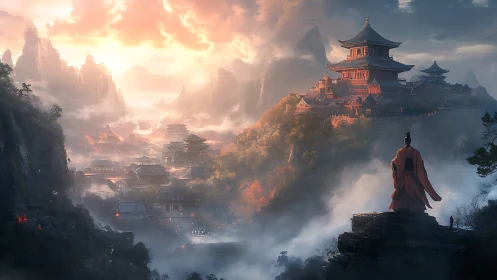 Sunrise over mist-veiled mountain temples of silent resolve.