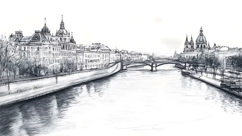 Riverside European cityscape ink drawing with domed cathedral
