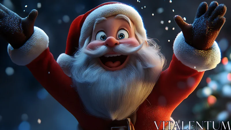 Cheerful cartoon Santa in snowy festive evening scene.