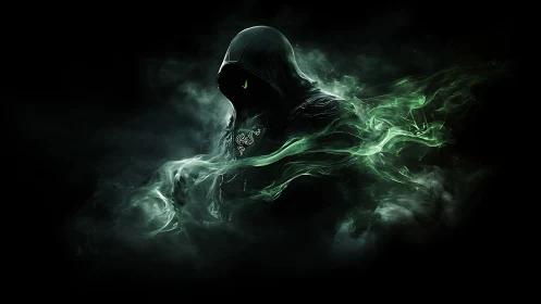 Hooded dark figure surrounded by swirling green smoke.