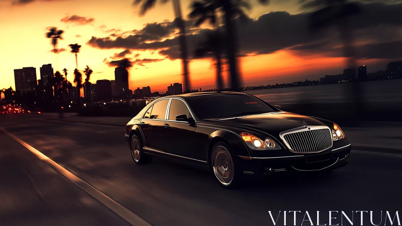 Sunset boulevard luxury sedan gliding past city skyline.