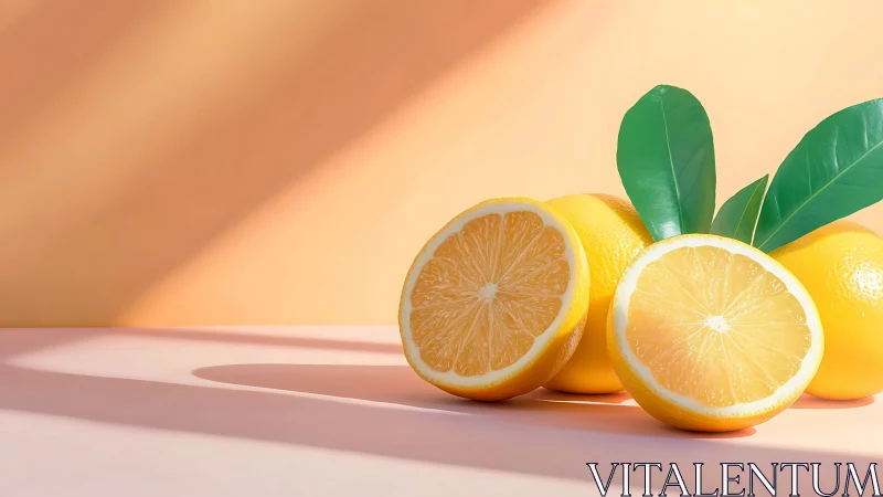 Citrus halves with glossy leaves on warm pastel surface.