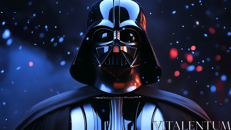 Dark armored figure amid glowing blue and red particles.