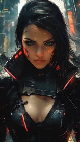 Cybernetic warrior stands defiant in neon drenched megacity