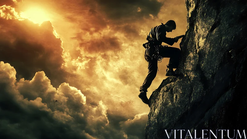 Silhouette rock climber ascending cliff at fiery sunset.