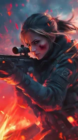 Sniper operative framed in eruptive red-orange battlefield light