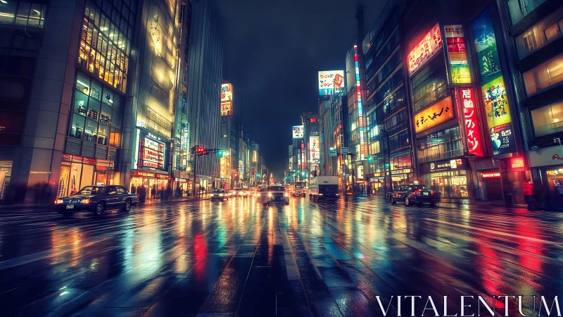 Neon city street glows warmly on a rainy, reflective night