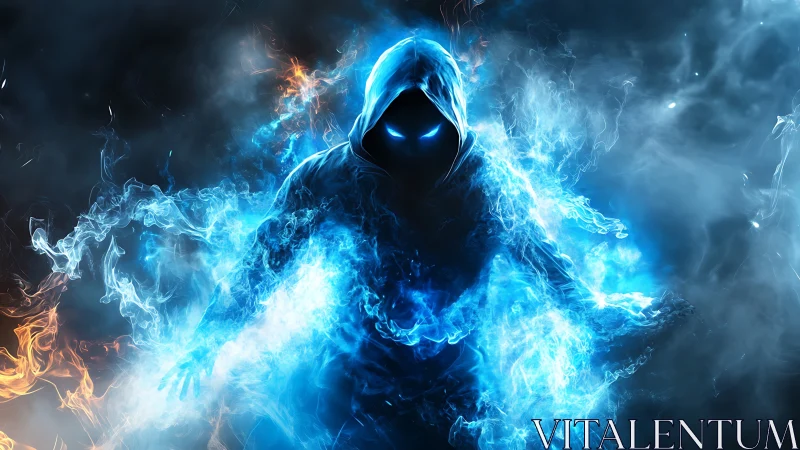 Hooded embermage walks from stormy flames into frozen light