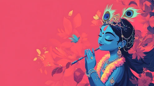 Krishna’s flute song in a bright garden of calm joy.