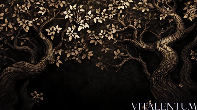 Intertwined stylized tree trunks with dense metallic foliage.