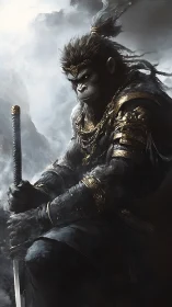 Armored simian warrior grips sword amid cinematic storm mist